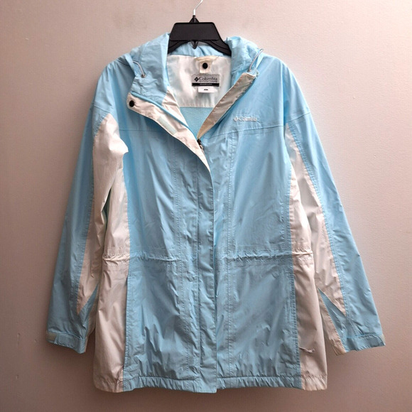 Columbia Zip Jacket Women Large Blue White Soft Shell Lined Hood Nylon Omni-Tech - Picture 1 of 9